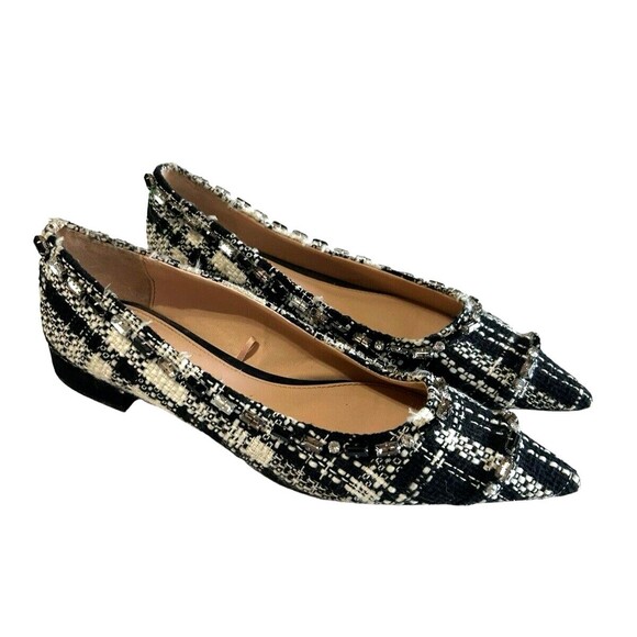 Zara Tweed Beaded Jeweled Fabric Black White Pointed Toe Flat Shoes EU38 - Picture 2 of 12